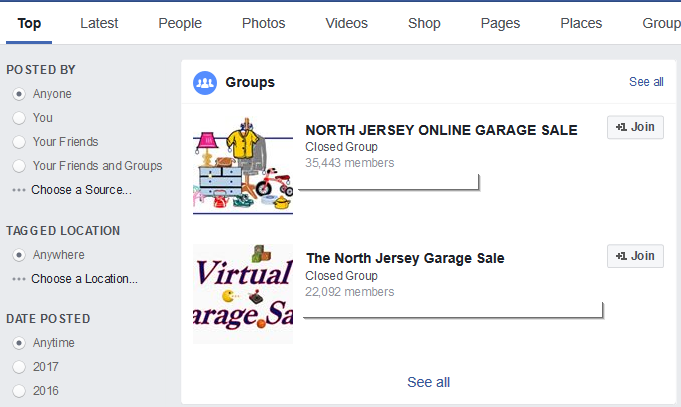 Here's what appeared when I searched for "North Jersey Garage Sale" with a potential reach of over 20K people.