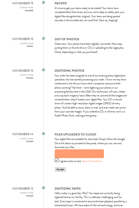 Legacybox tracking order notifications to see the progress of the digitization.
