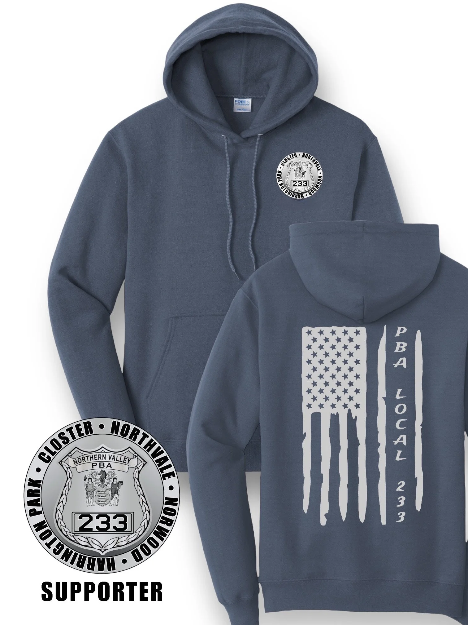 PBA 233 - HOODIE, STEEL BLUE (FLAG BACK)