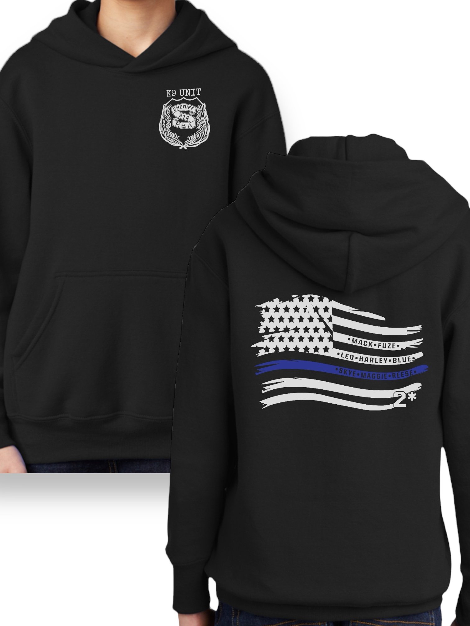 MONMOUTH K9 UNIT - YOUTH HOODIE, BLACK (FLAG BACK)