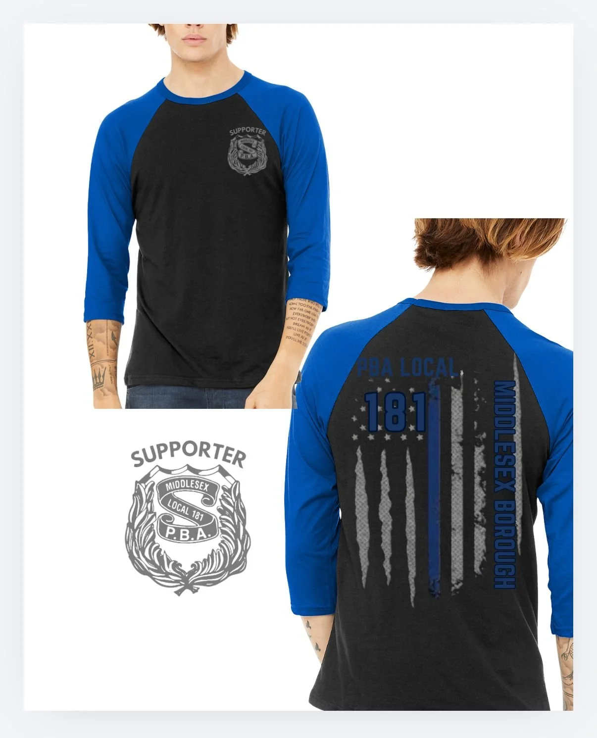 Middlesex PBA Blueline flag black blue 3/4 sleeve BC3200