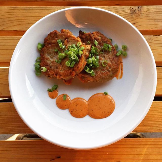 Black Eyed Pea Cakes with Comeback sauce. One of our appetizers on our $5 Happy Hour menu! Every Tuesday-Friday from 4-6:30!