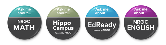 NROC staff and ambassadors wore buttons to represent the main products NROC has created.