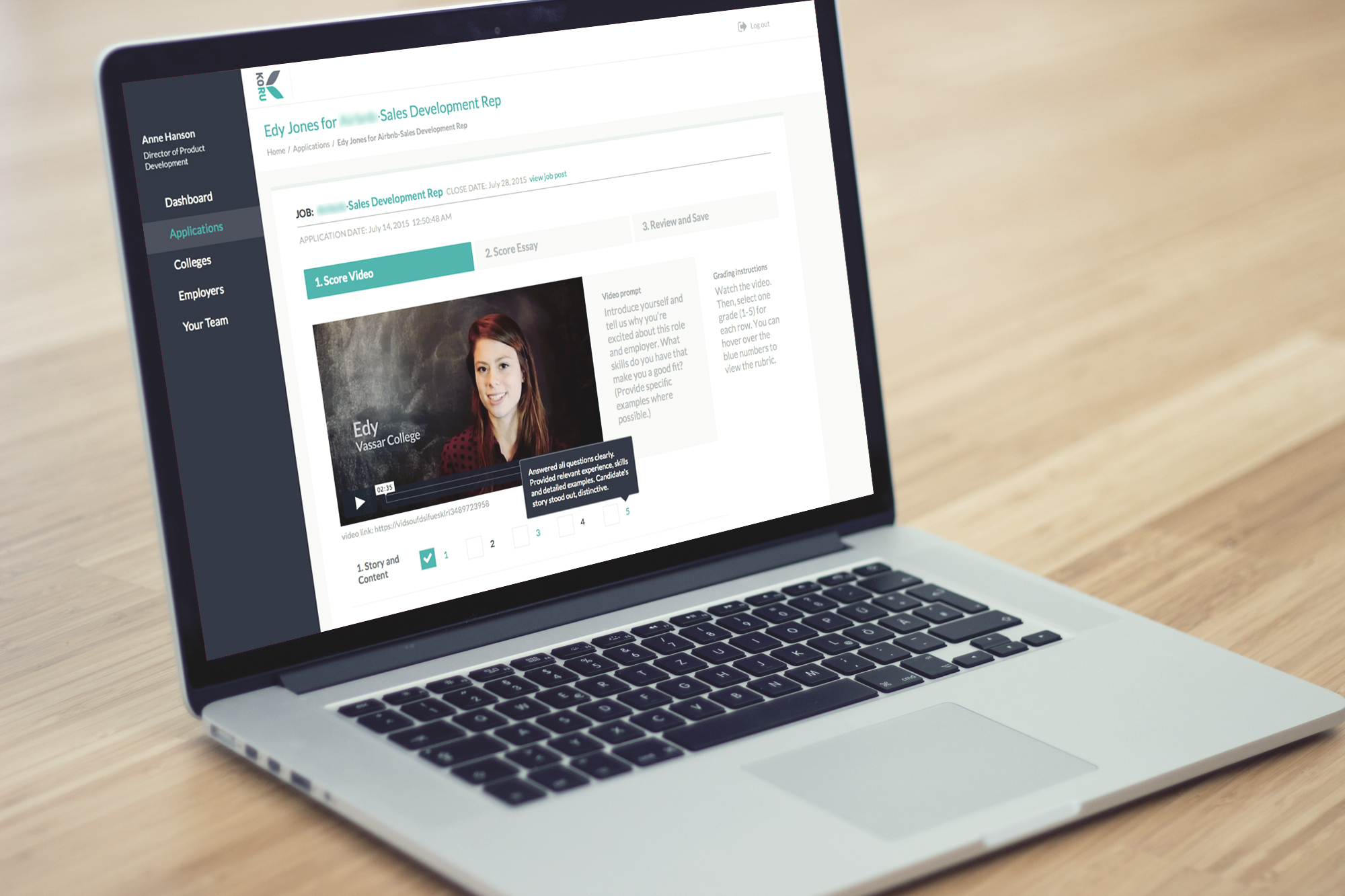 Administrative portal screen: how an employee of Koru would evaluate and give feedback on a video submitted by an applicant. We designed dozens of screens to be used as part of the day-to-day operations of Koru.
