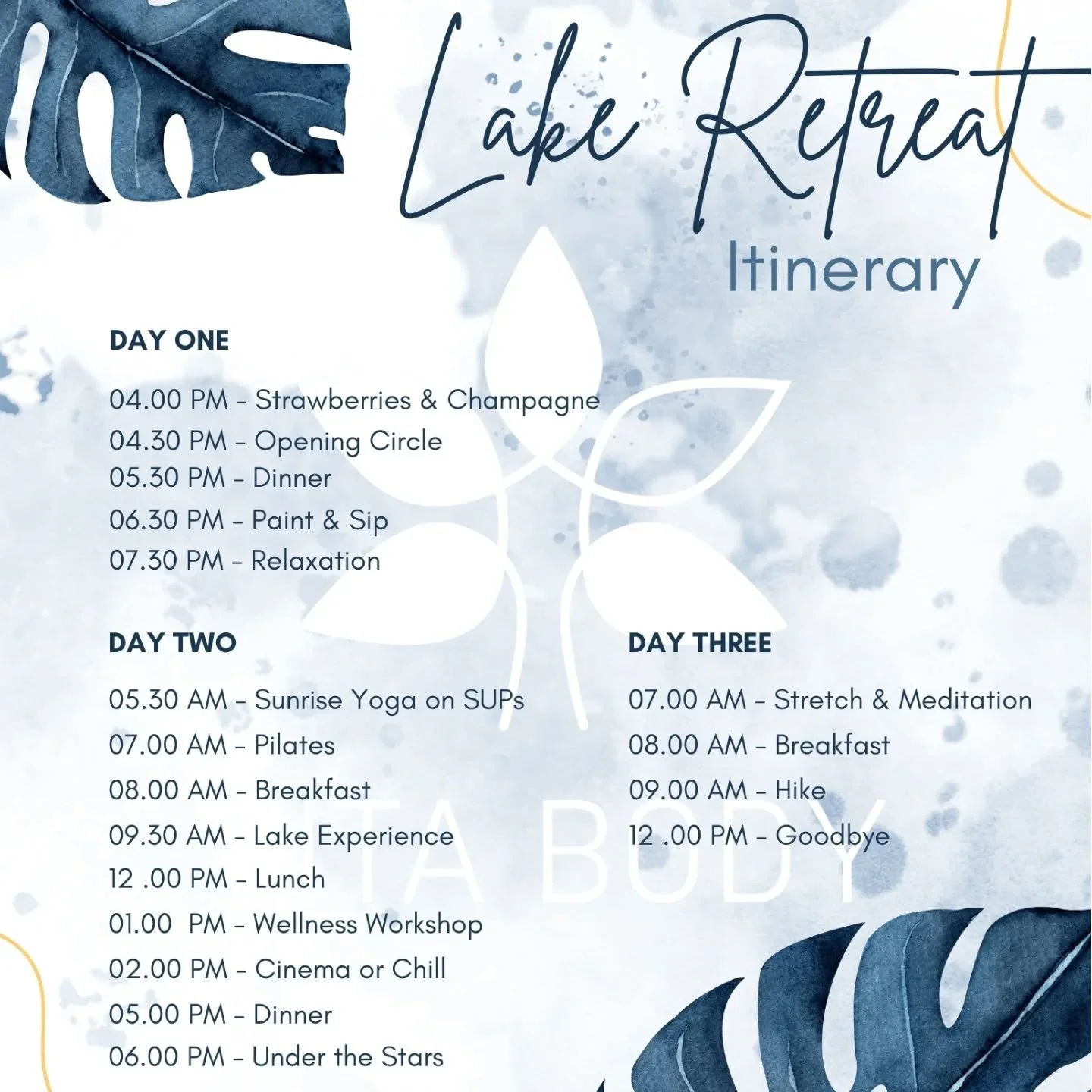 Our Lake Retreat Itinerary ✨️

My favourite experience is Under the Stars.

Held beneath the night sky on the deck, surrounded by the sauna, pool, and spa, this evening is designed to restore you from the inside out.

We begin by preparing the body &