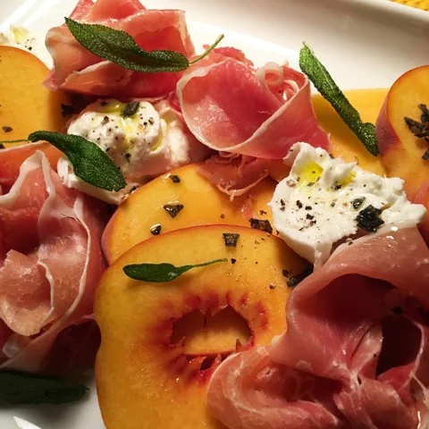 PROSCIUTTO, PEACH, BUFFALO MOZZARELLA AND FRIED SAGE