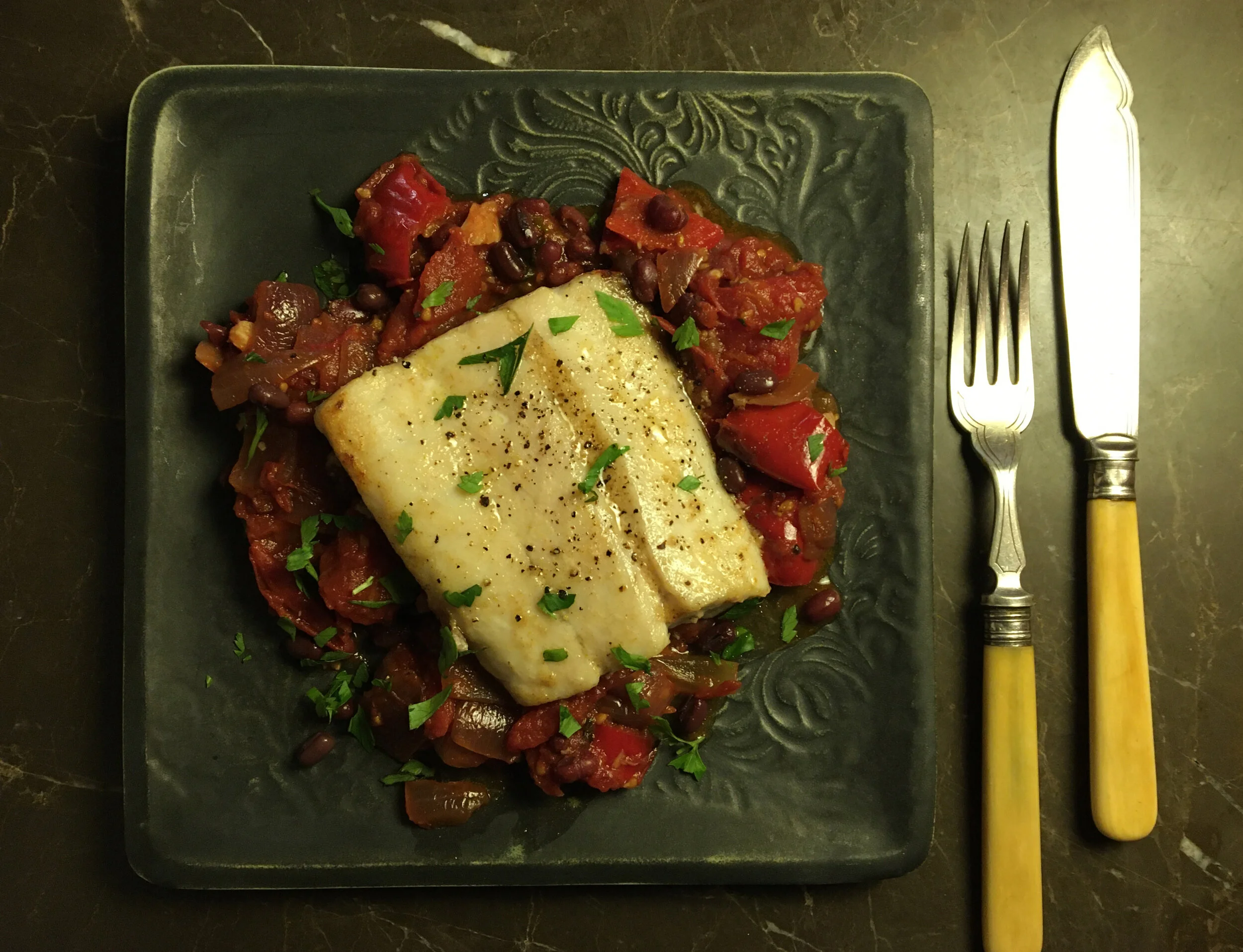 ROASTED BARRAMUNDI WITH RED VEGETABLES