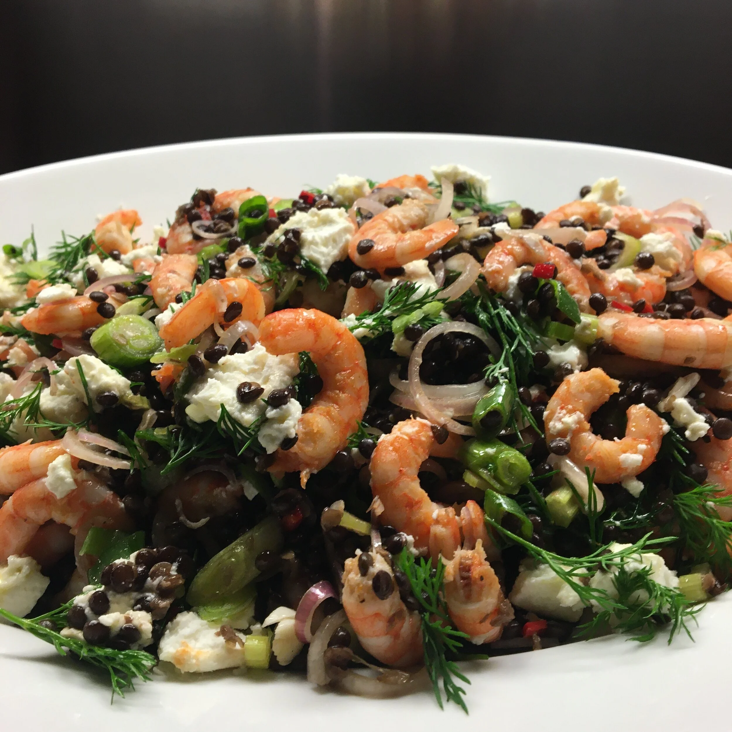 SCHOOL PRAWN AND BELUGA LENTIL SALAD