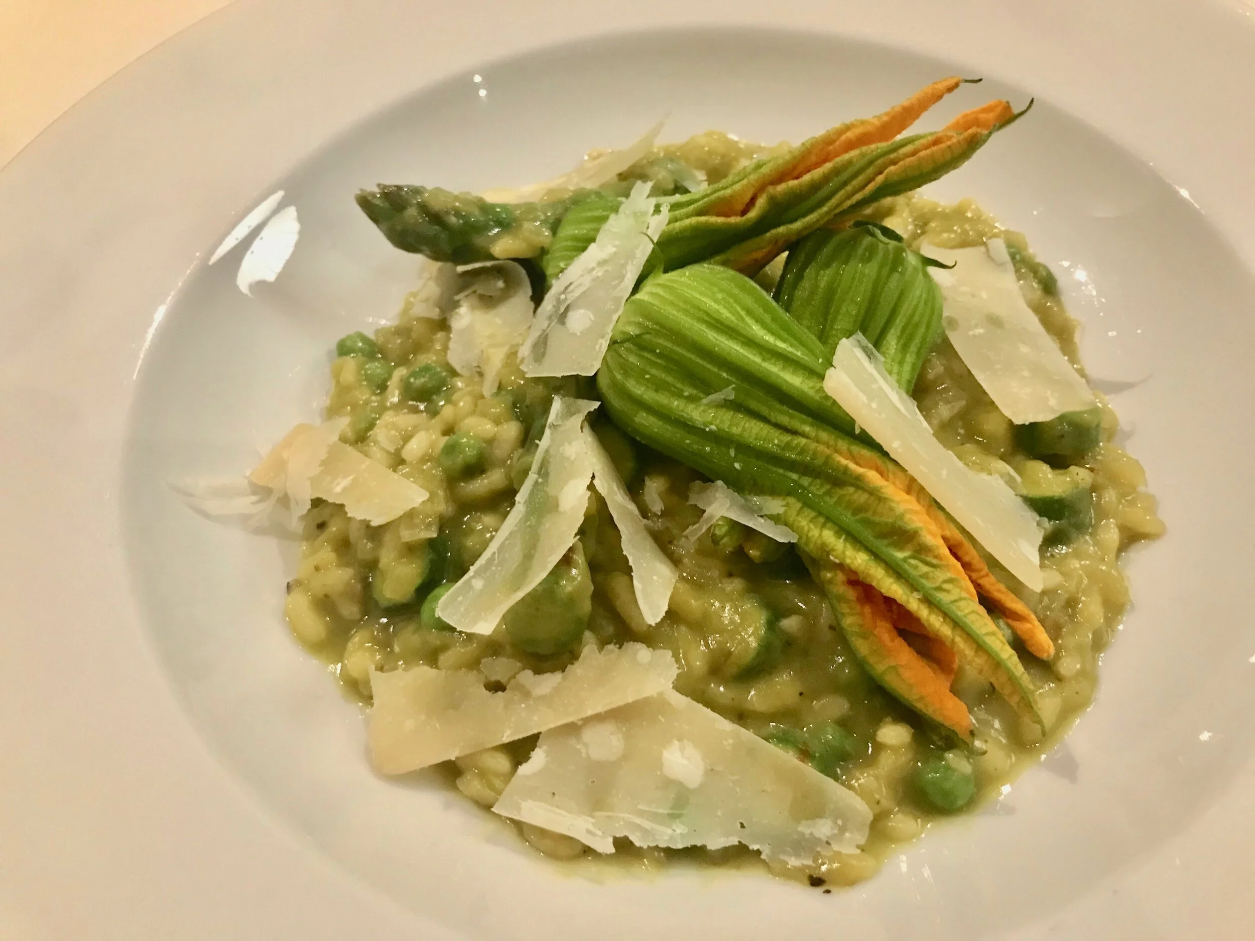 ASPARAGUS AND PEA RISOTTO WITH STUFFED ZUCCHINI FLOWERS