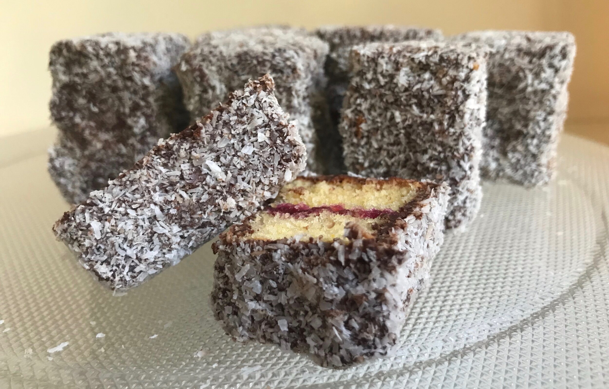 LAMINGTONS WITH RHUBARB AND ORANGE JAM