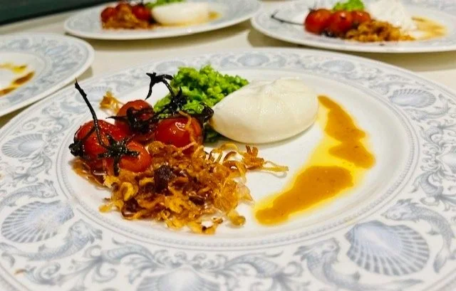 BURRATA WITH EDAMAME, SWEET PEAS AND SHALLOTS