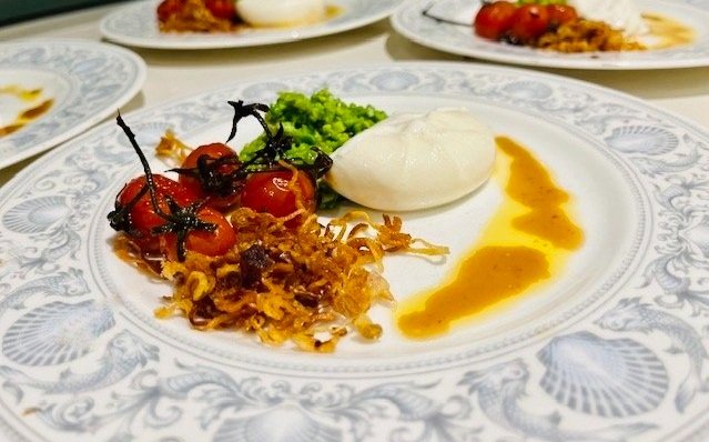 BURRATA WITH EDAMAME, SWEET PEAS AND SHALLOTS