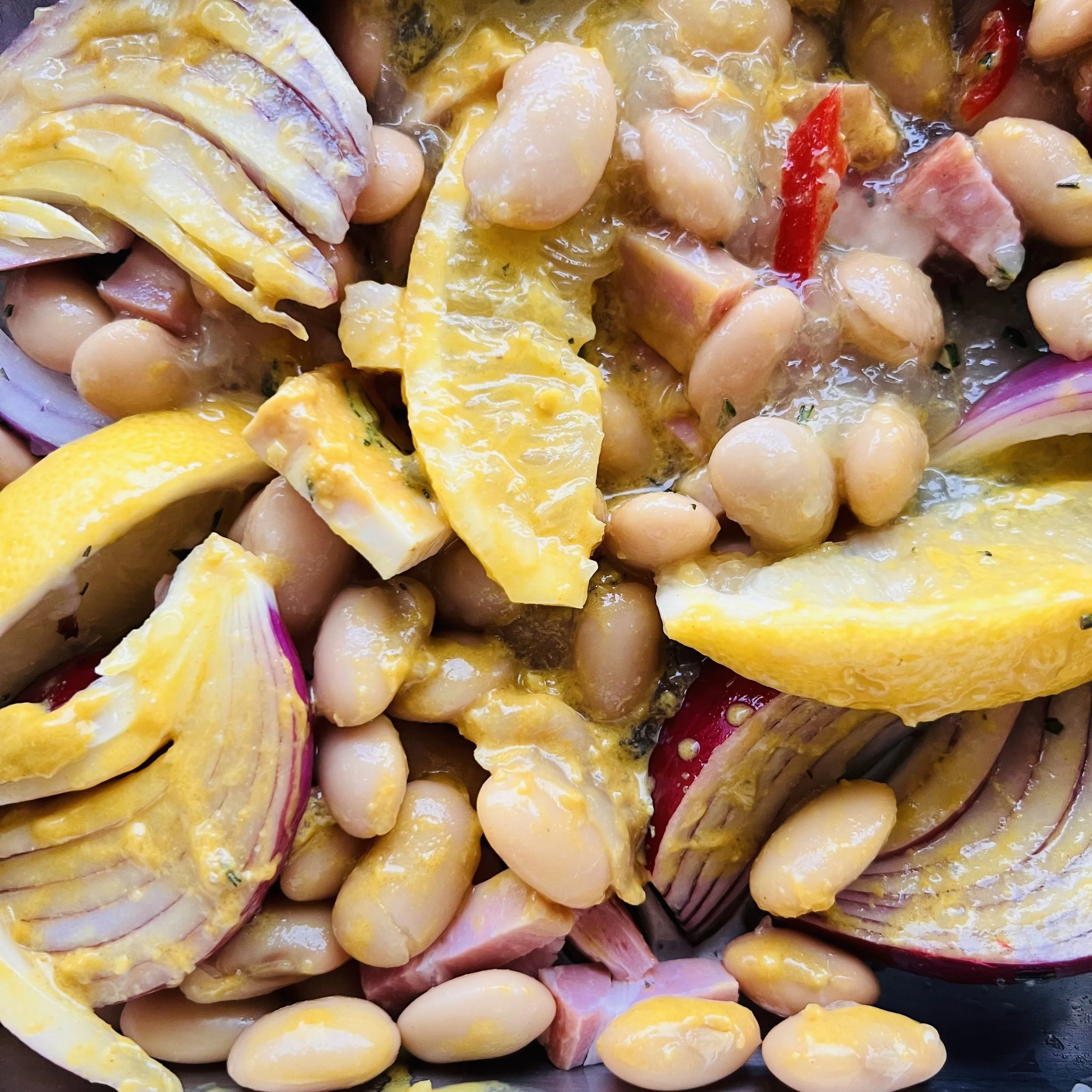 MUSTARDY CHICKEN WITH SPECK AND BUTTERBEANS