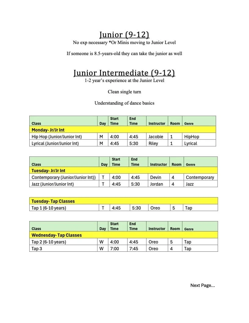 Junior + Junior Int Classes