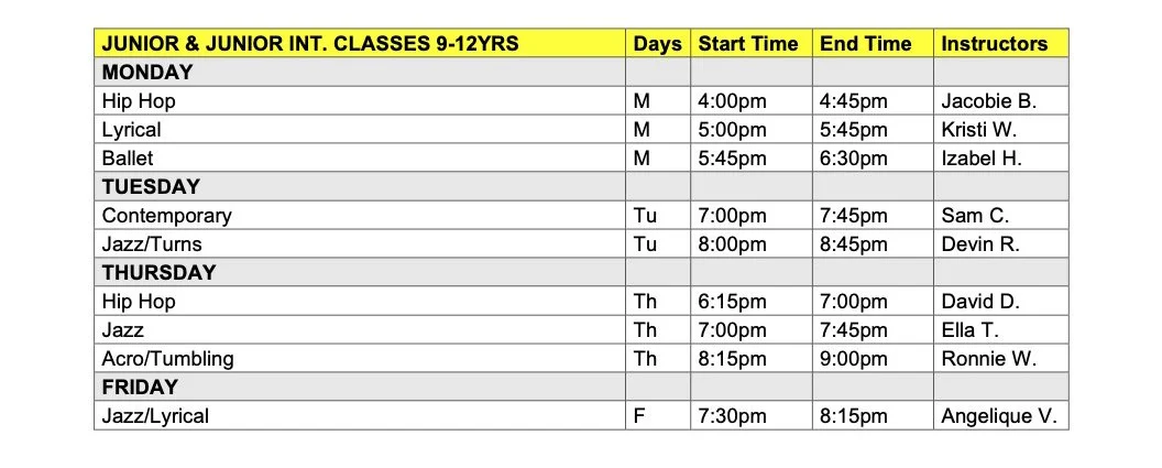 Junior & Junior Int Schedule