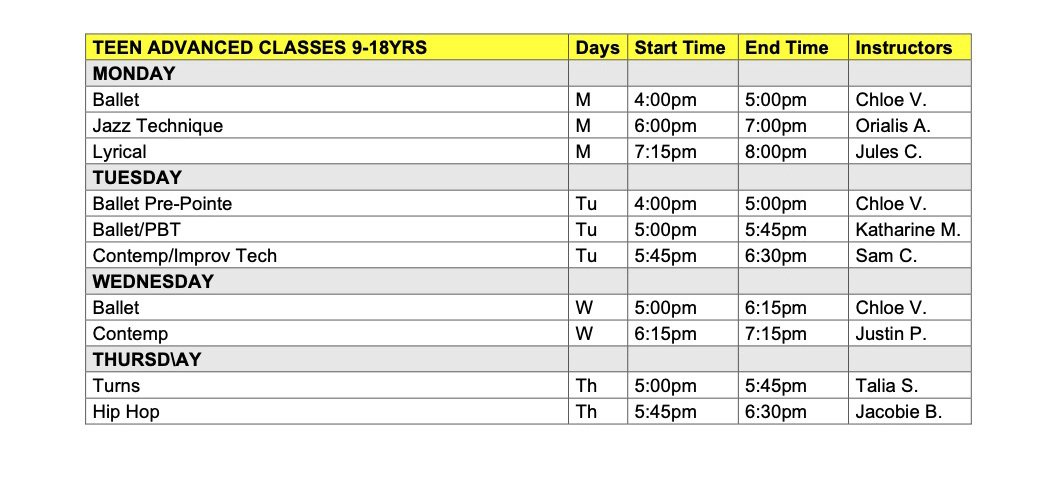 Teen Adv Schedule
