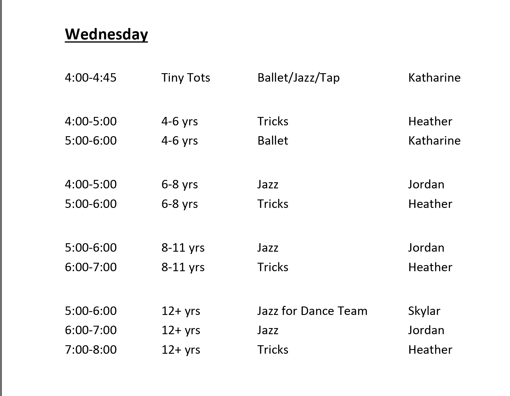 Free Dance Week Schedule