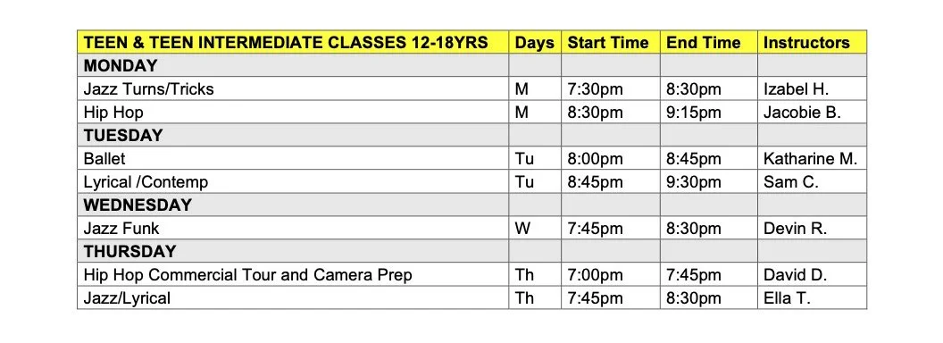 Teen & Teen Int Schedule