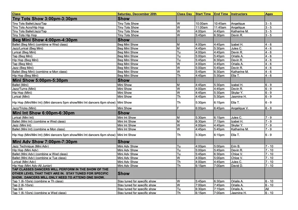 Holiday Show Class Schedule