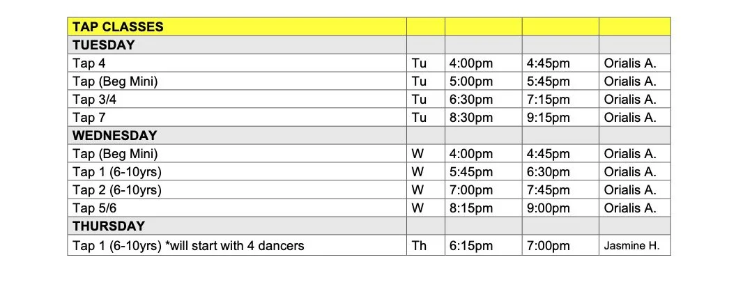 Tap Tumbling Schedule