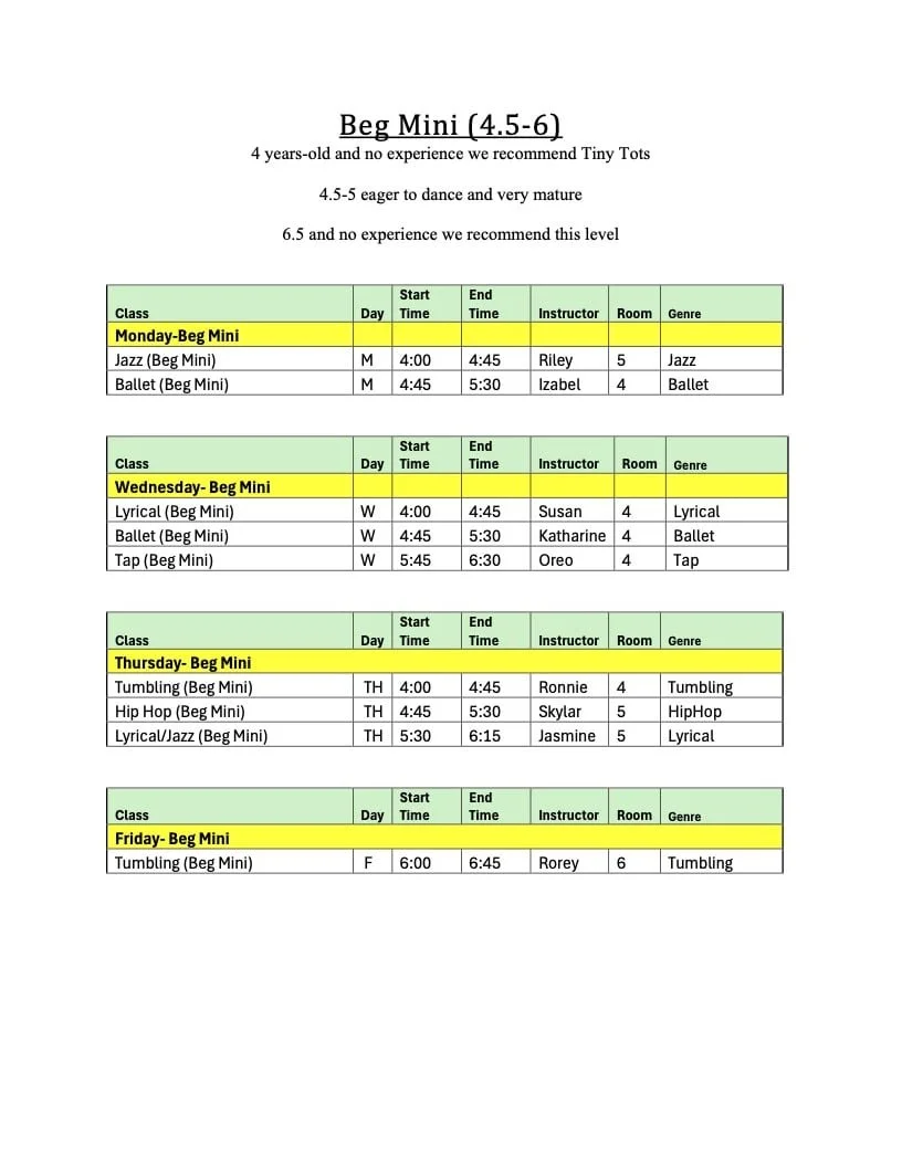 Beg Mini Schedule