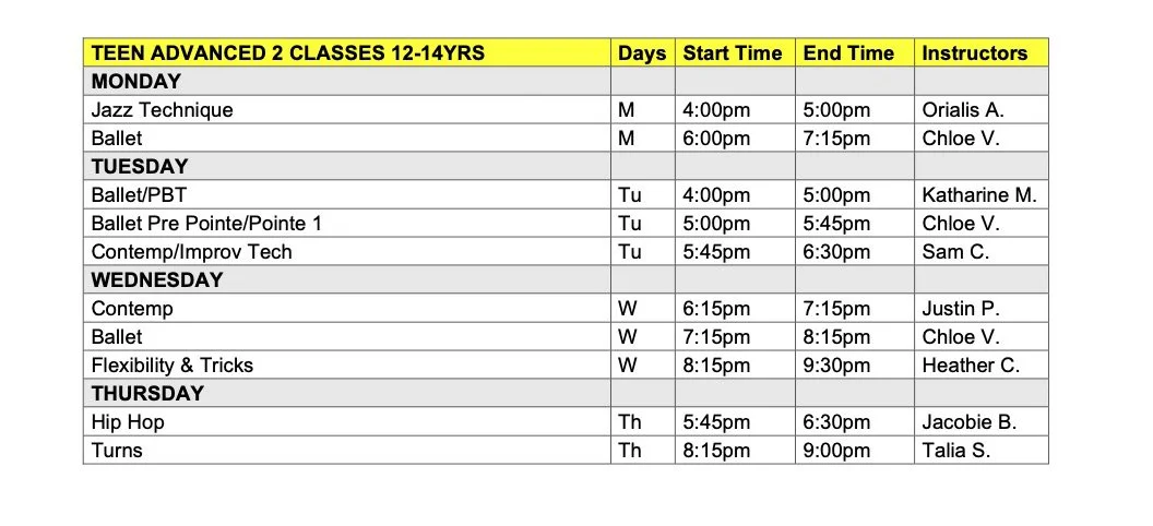 Teen Adv Schedule
