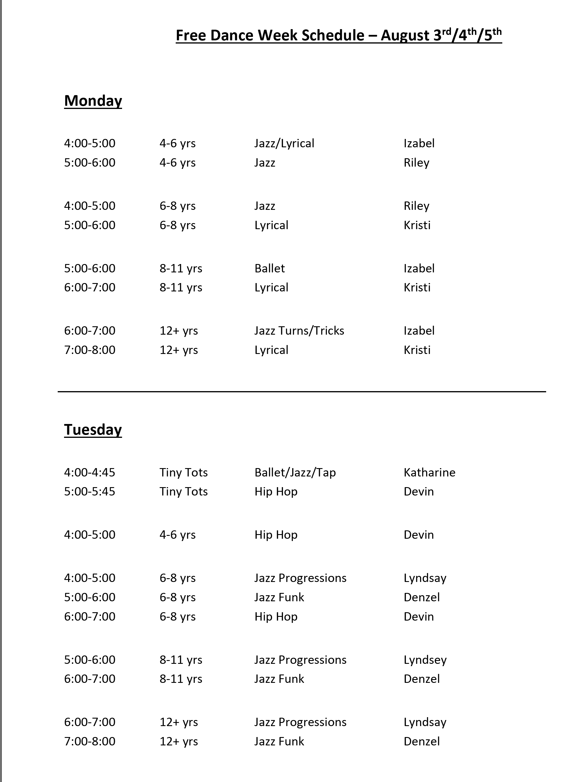Free Dance Week Schedule
