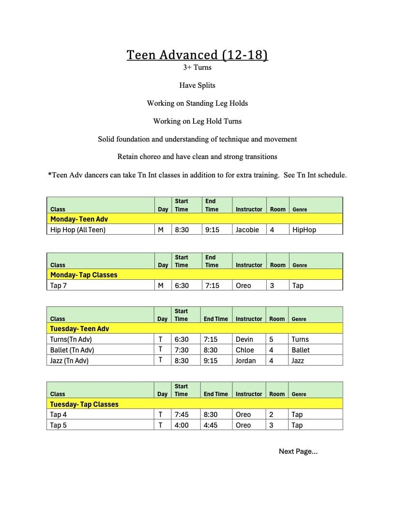 Teen Adv Classes