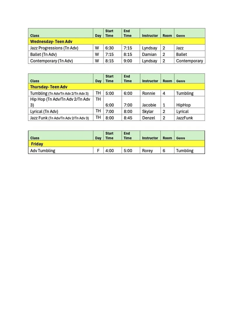 Teen Adv Classes