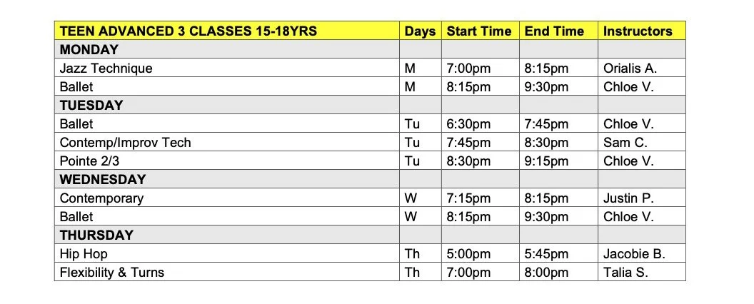 Teen Adv 3 Schedule