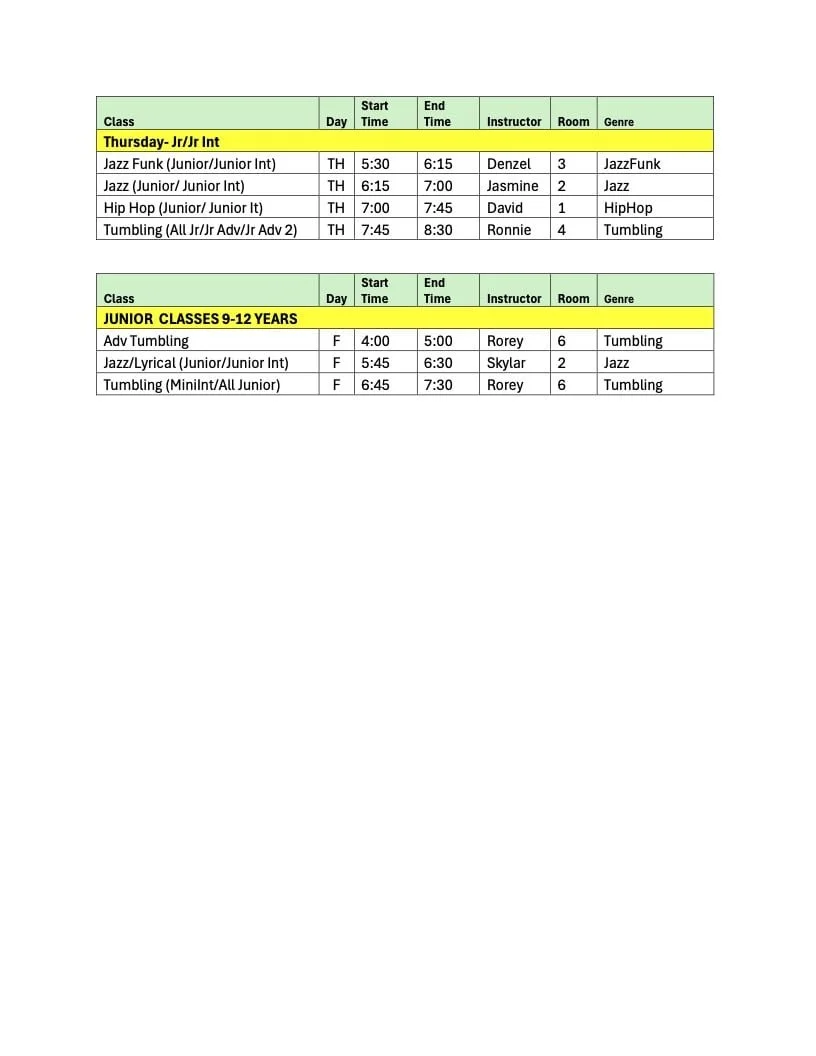 Junior + Junior Int Classes