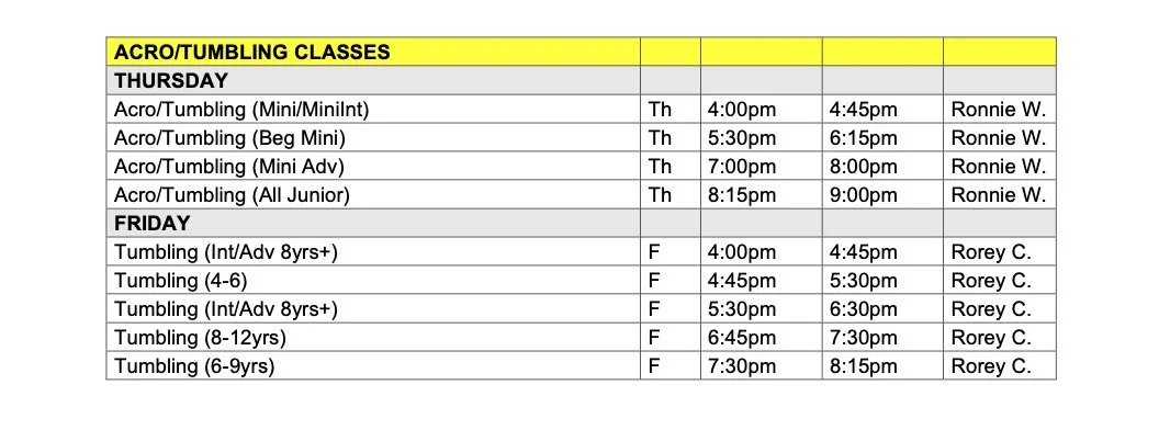 Tap Tumbling Schedule 2