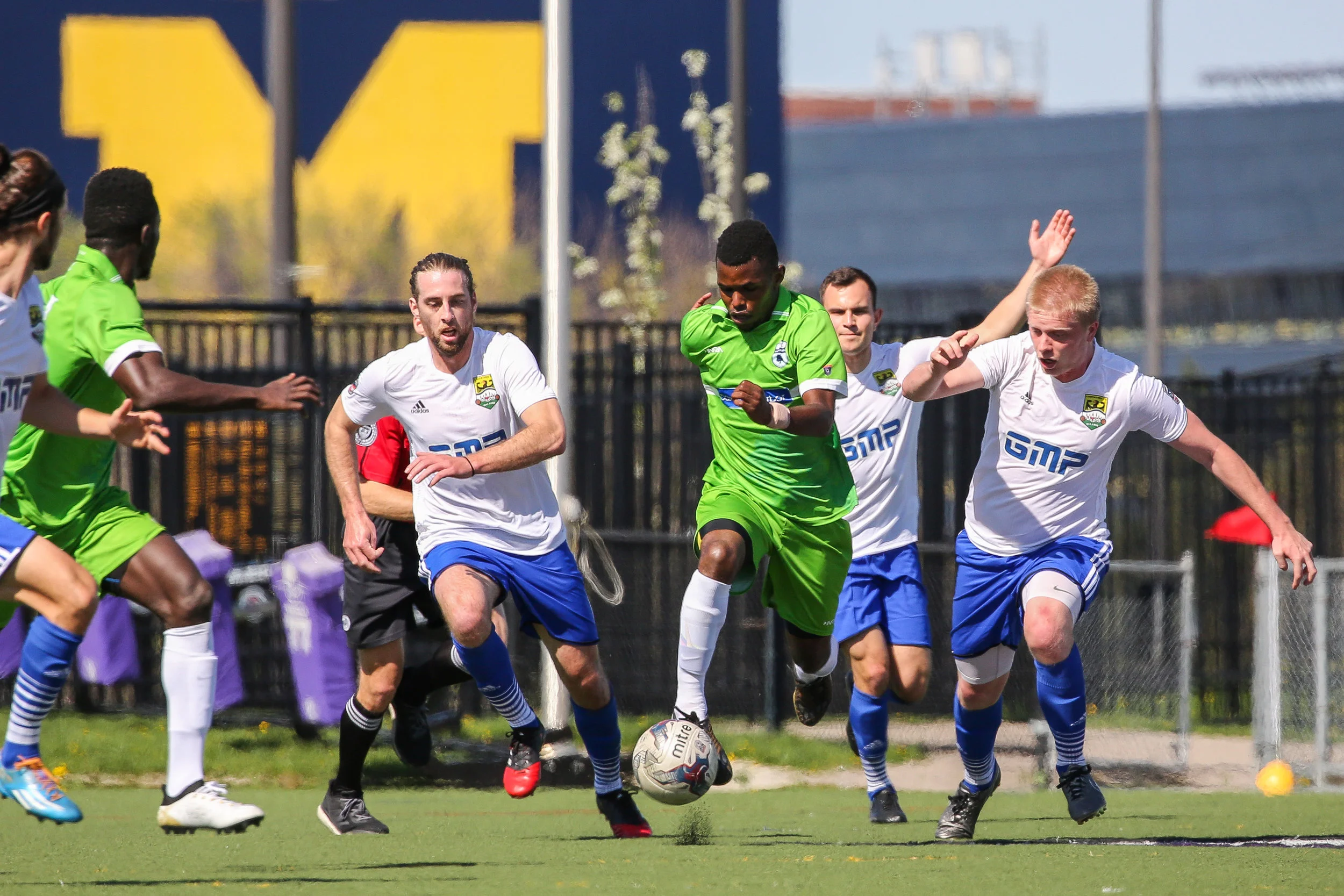 Jesse Muskwe presses forward in Sunday's 2-0 win in The Mighty Oak's home opener friendly