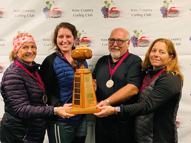 Crush Bonspiel Event Winners:: JEEBalicious from Lake Tahoe: Edie Hazard, Becca Kelble, Eric Hazard, Julie Macan. I guess all the practice on #DedicatedIce is paying off! @winecountrycurl #LakeTahoeCurling #LTEC #Bonspiel #GoodCurling #Curling #Compe