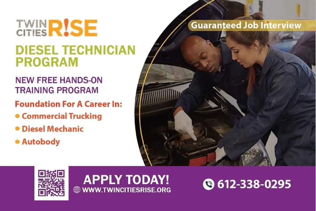 Exciting Career Pathway Program at Twin Cities R!SE begins September 12.

We are offering a NEW Diesel Technician Training program. 

When: September 12th  Monday-Friday (1-5PM)
Where📍: Hennepin Technical College

Apply: Link in Bio 

Questions, ple