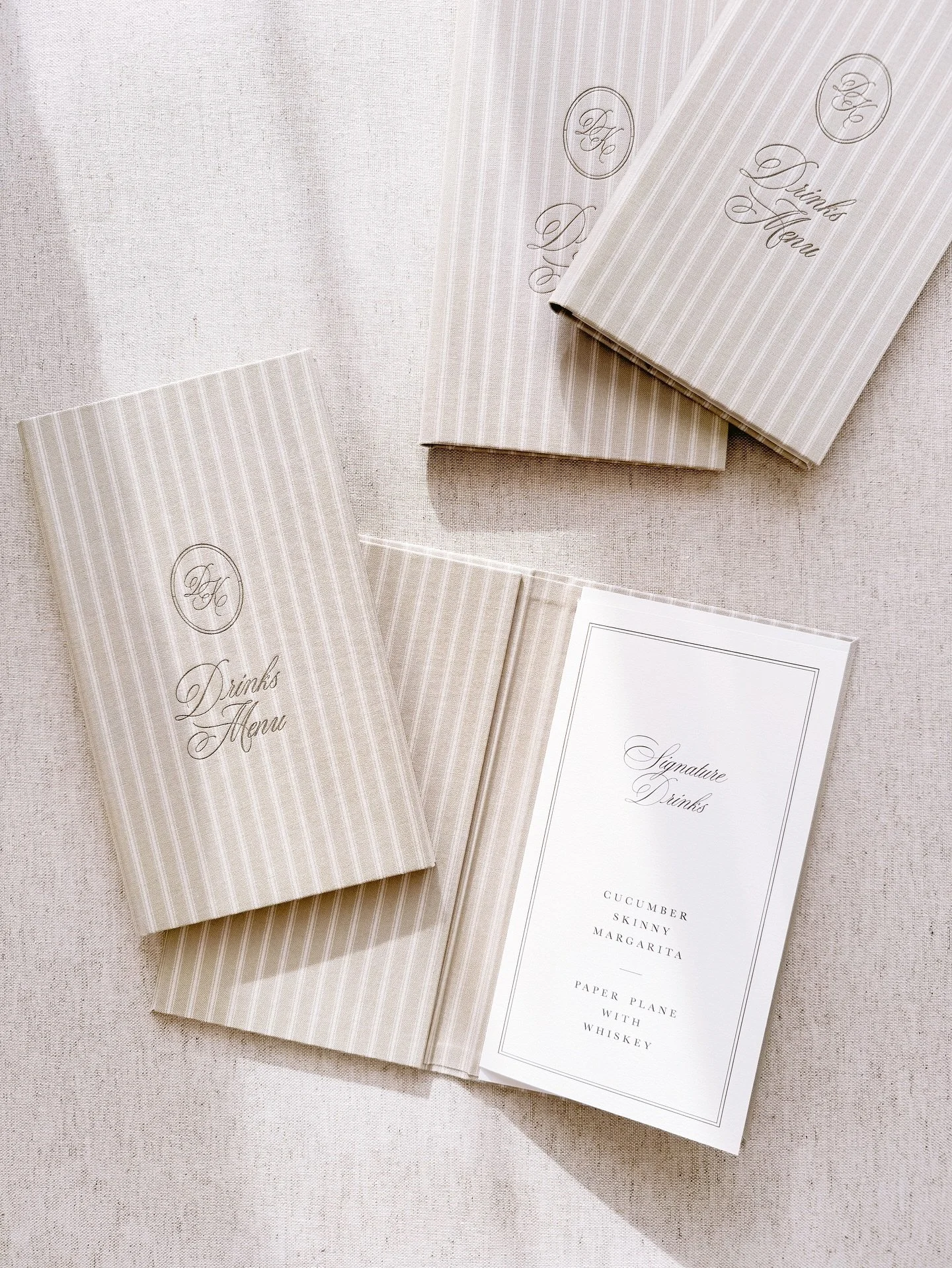 One of my favourite things I&rsquo;ve ever made; fabric menu folios with a soft, neutral green ticking stripe for K&amp;D&rsquo;s wedding with @sinclairandmoore
