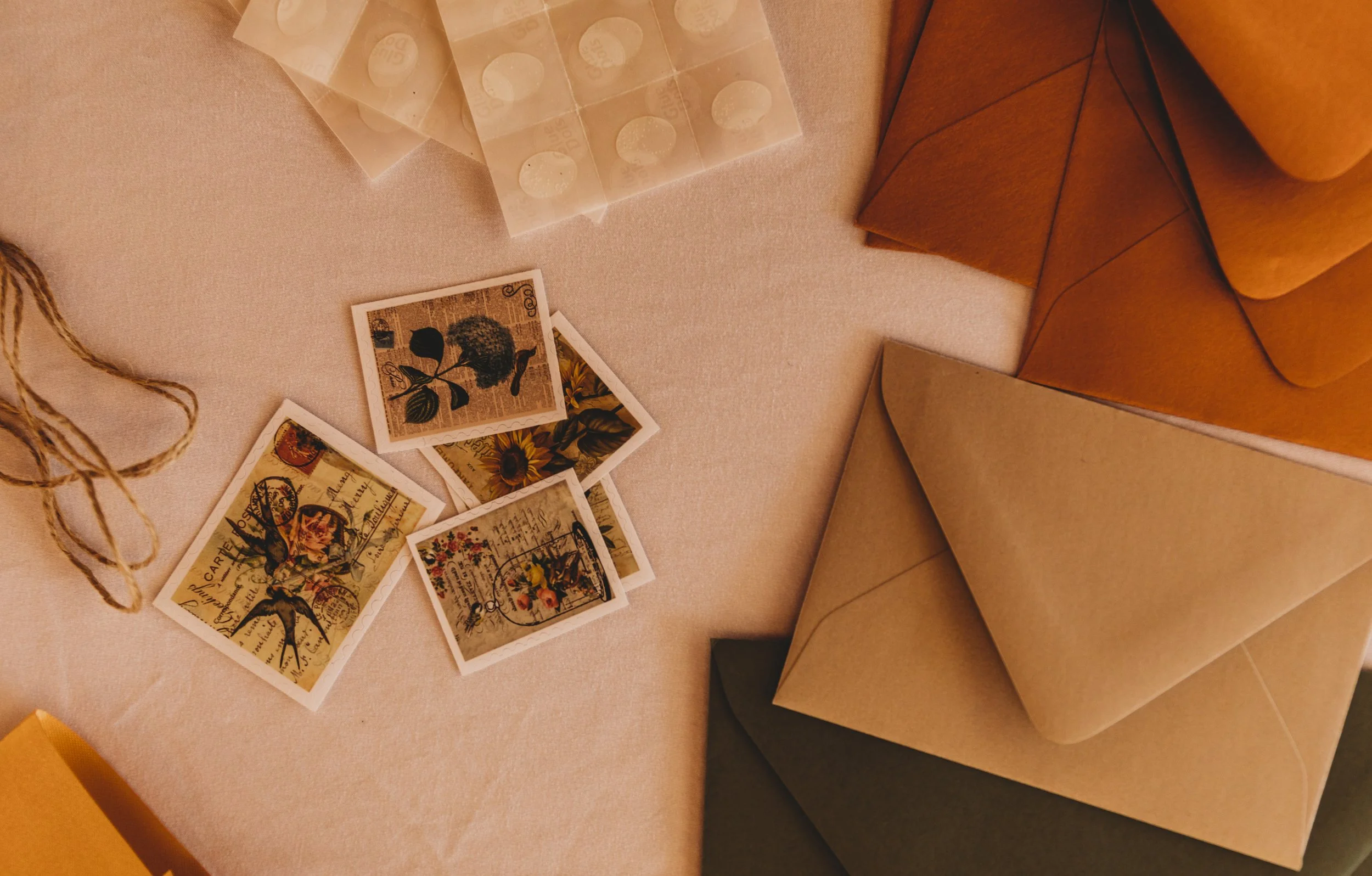 Vintage Stamps with Copper Metallic Euroflap Wedding Envelopes.jpg
