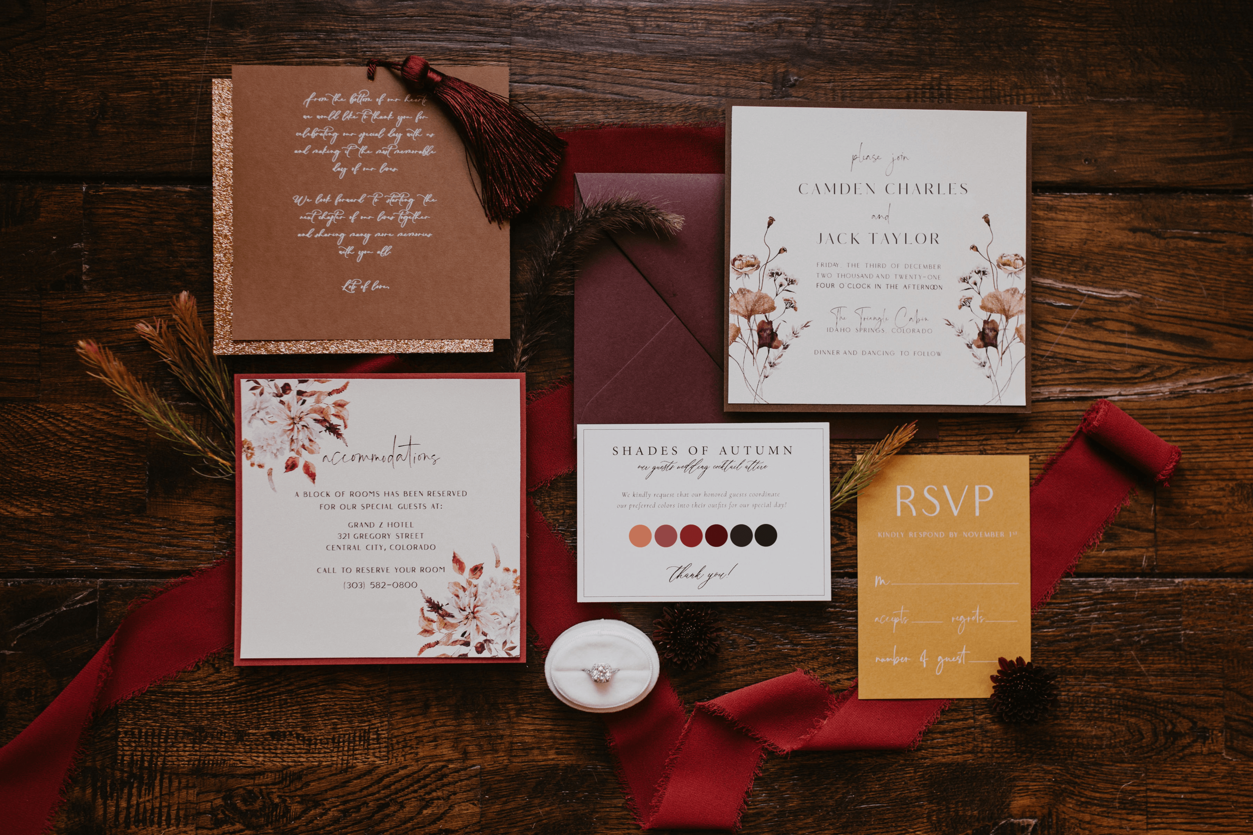 Burgundy Brown Autumn Fall Boho Flowers Wedding Invitation Suite.png