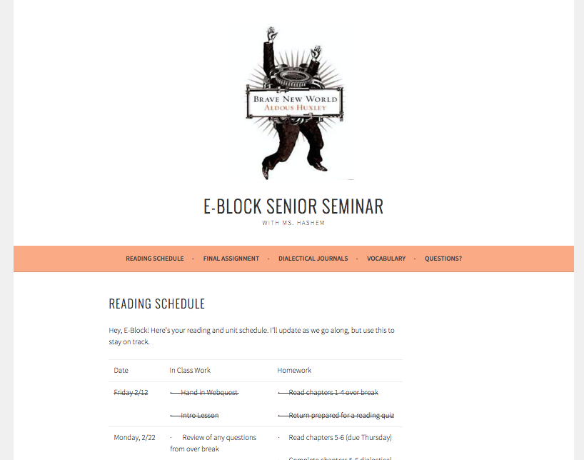 In-class work and homework assignments are all listed here by date and are updated regularly, allowing students to anticipate due dates and make up missed work easily. 