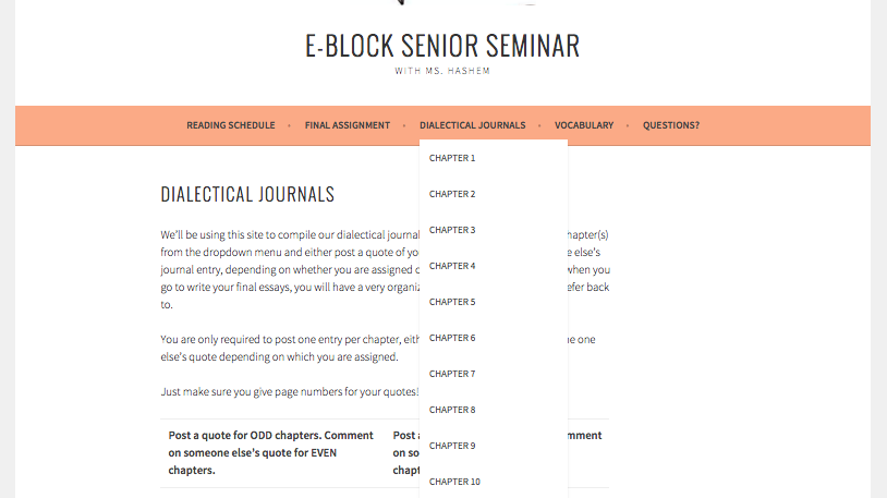 Dialectical journals housed in the blog allow students to interact with one another digitally outside of class time hours. This also allows students to link to outside multimedia content, connecting the reading to articles, songs, videos, or images. At the end of each chapter, the resulting chat boards are easily accessible and searchable so that students can return to review the archives for quotes or ideas. Many students returned to these journals as a resource to help write their final essays.