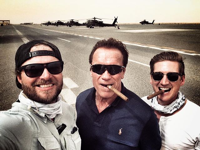 About to hop a Blackhawk with these two crazy cats @schwarzenegger and @dketch22 #allinadayswork