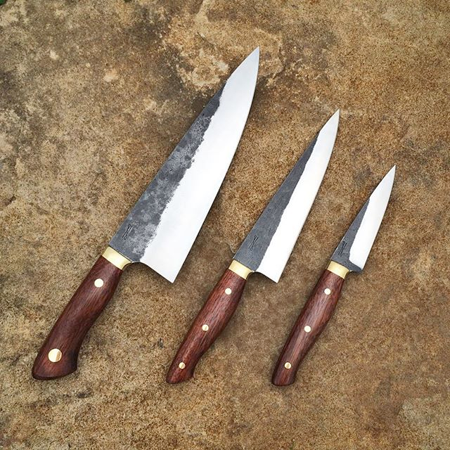 8" Chef, 6" Utility, 3.75" Paring Set, Forged 52100, Bubinga, Brass.