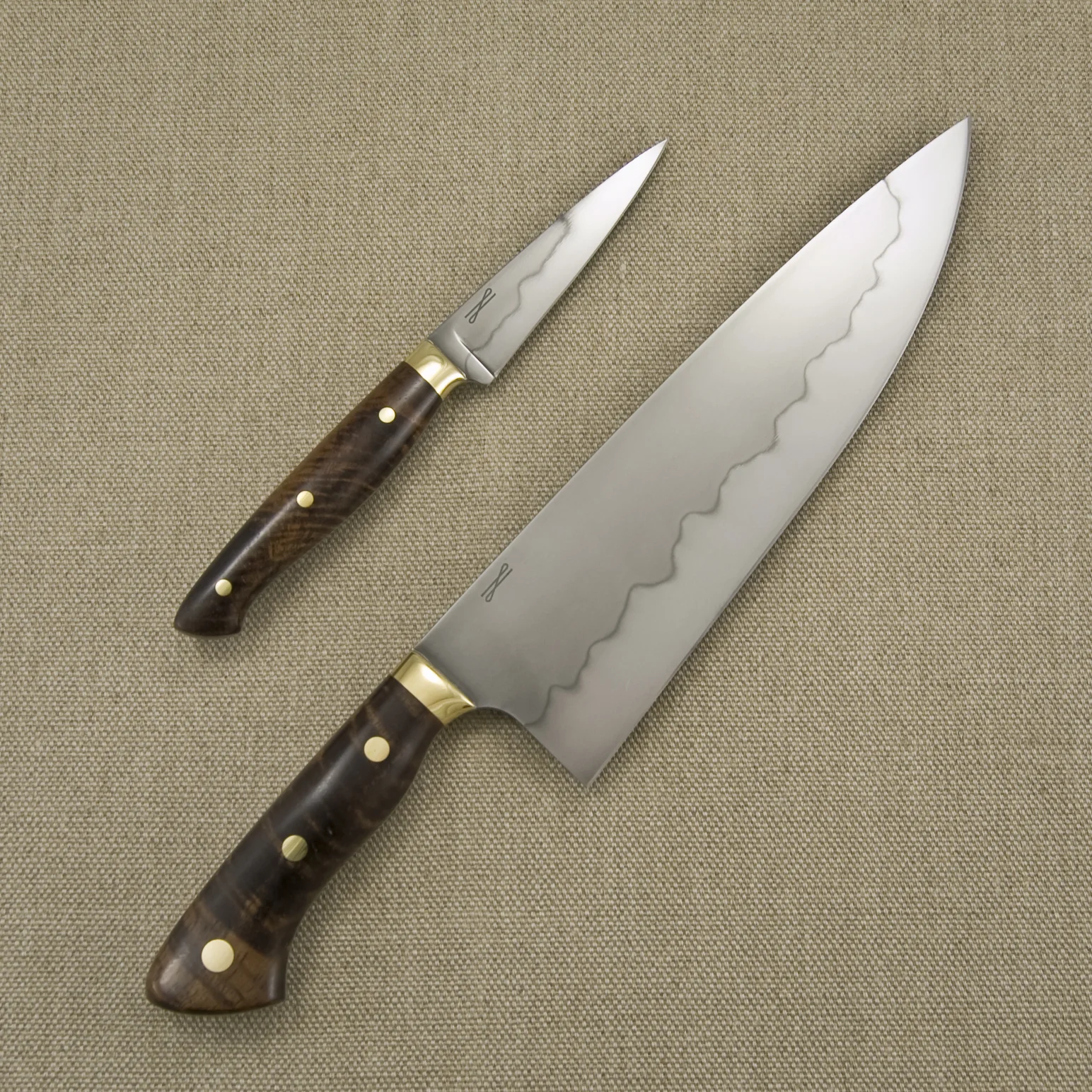 8" Chef + 3.5" Paring Combo, 1095, Hamon, Stabilized Koa, Brass.