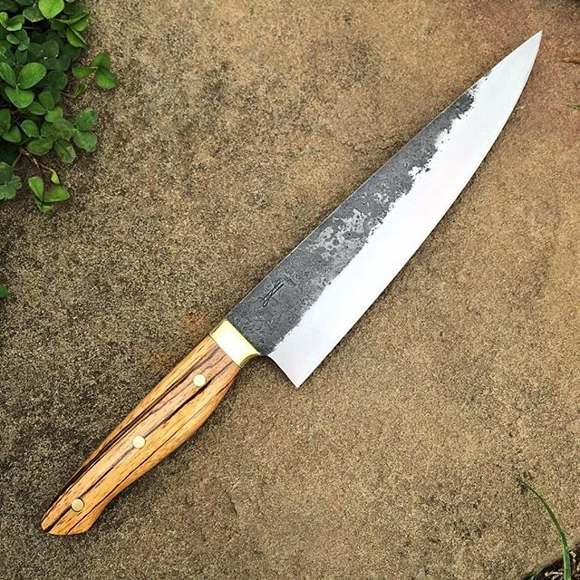 7" Cooks Knife, Forged 52100, Zebrawood, Brass, Summer.