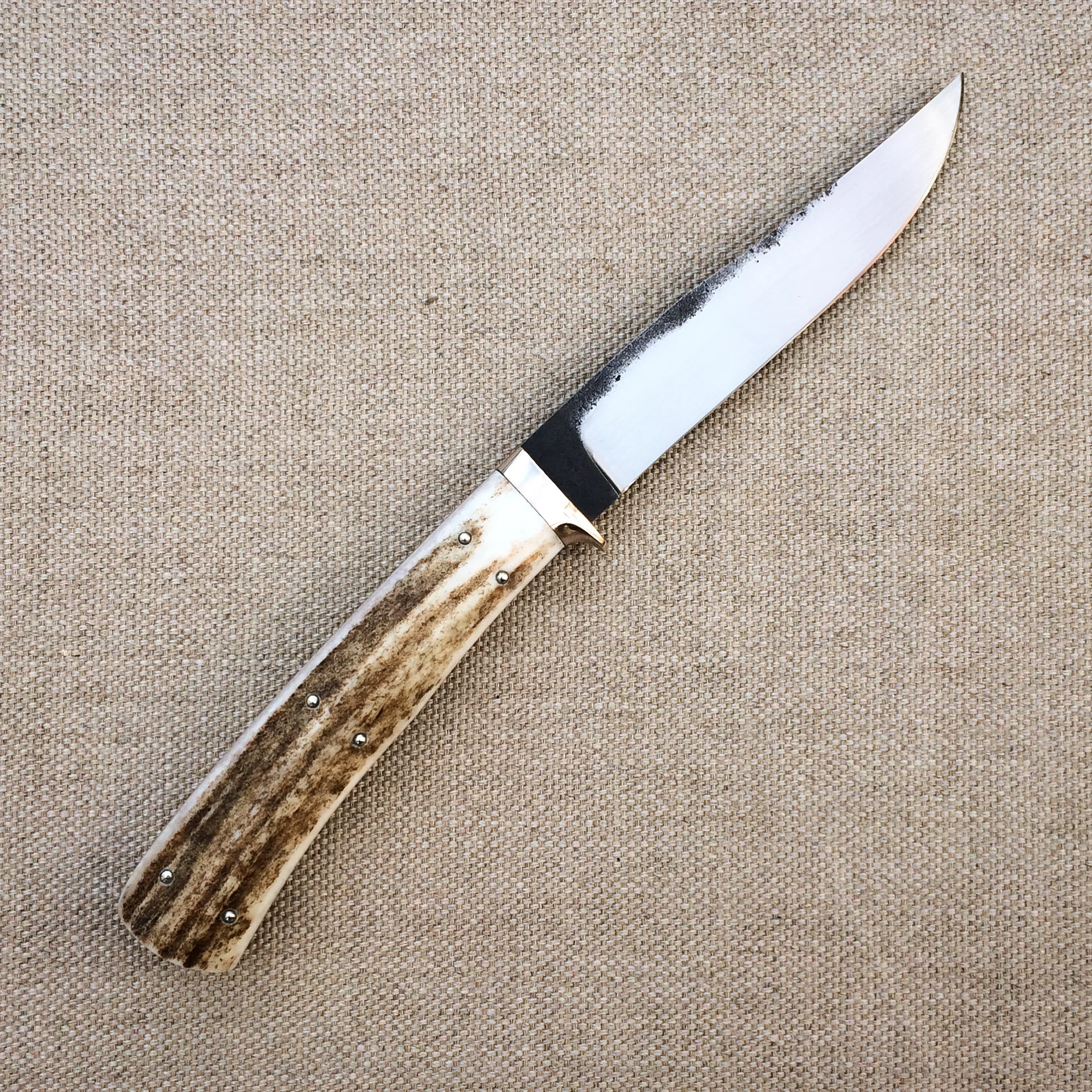 4.5" Steak Knife, Forged 52100 Steel, Elk Antler (Shed), Cupronickel Guard and Pins.