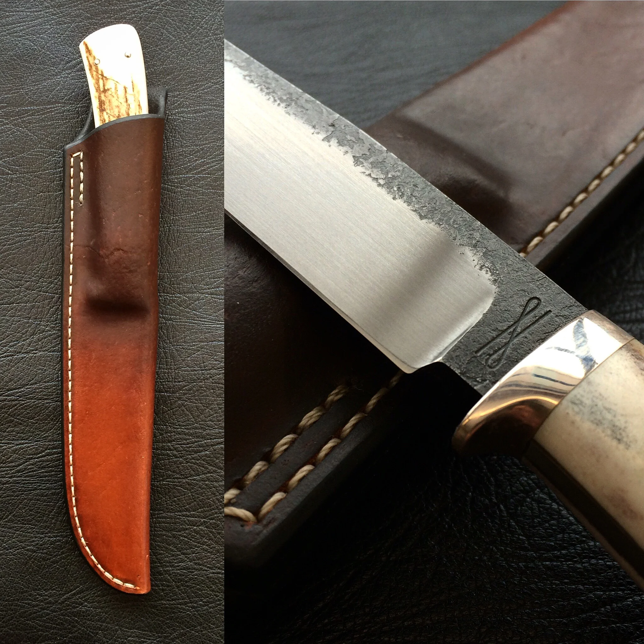 Detail of 4.5" Hunting Knife with Leather Sheath.