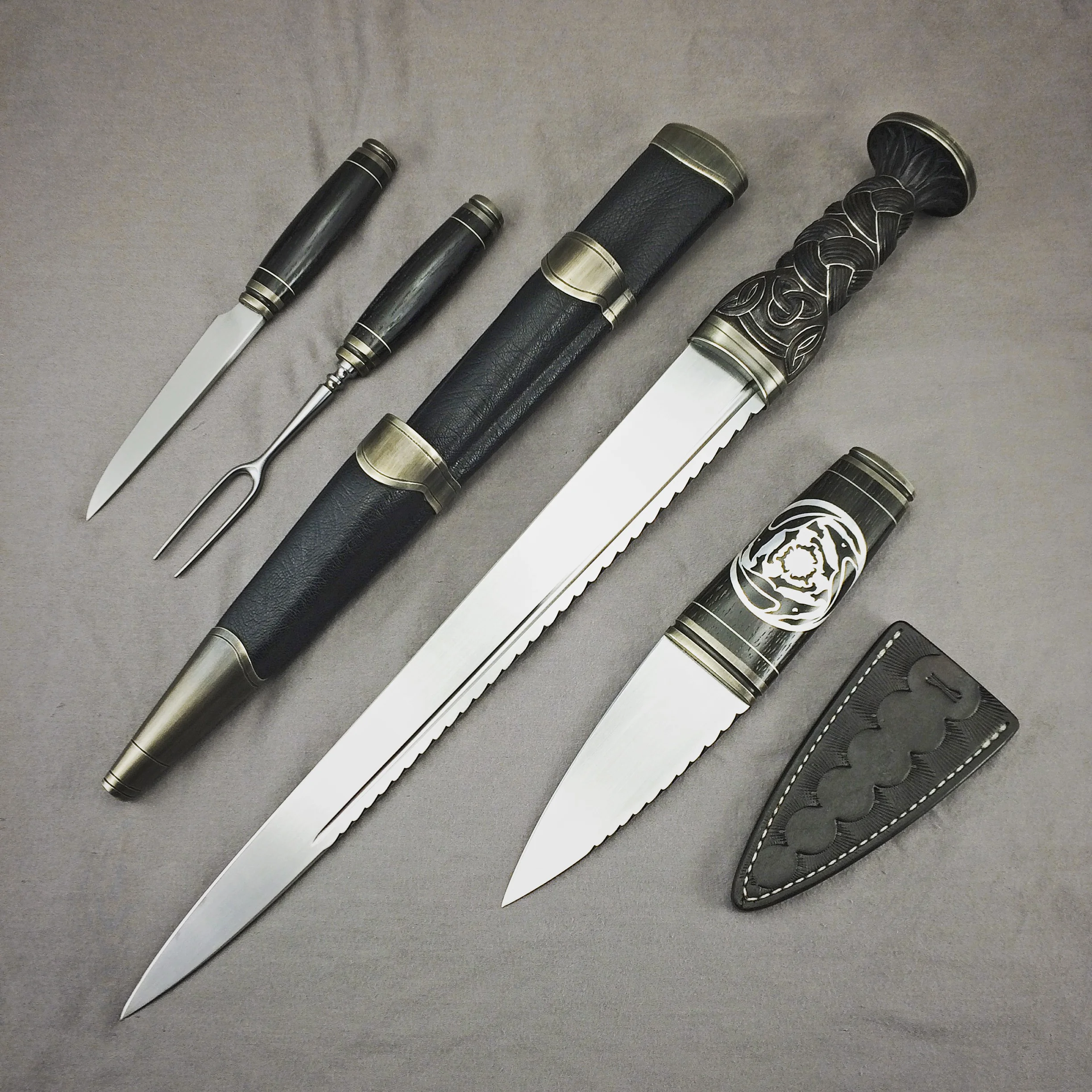 Complete Scottish Dirk and Sgian Dubh ensemble, with by-knife and fork.