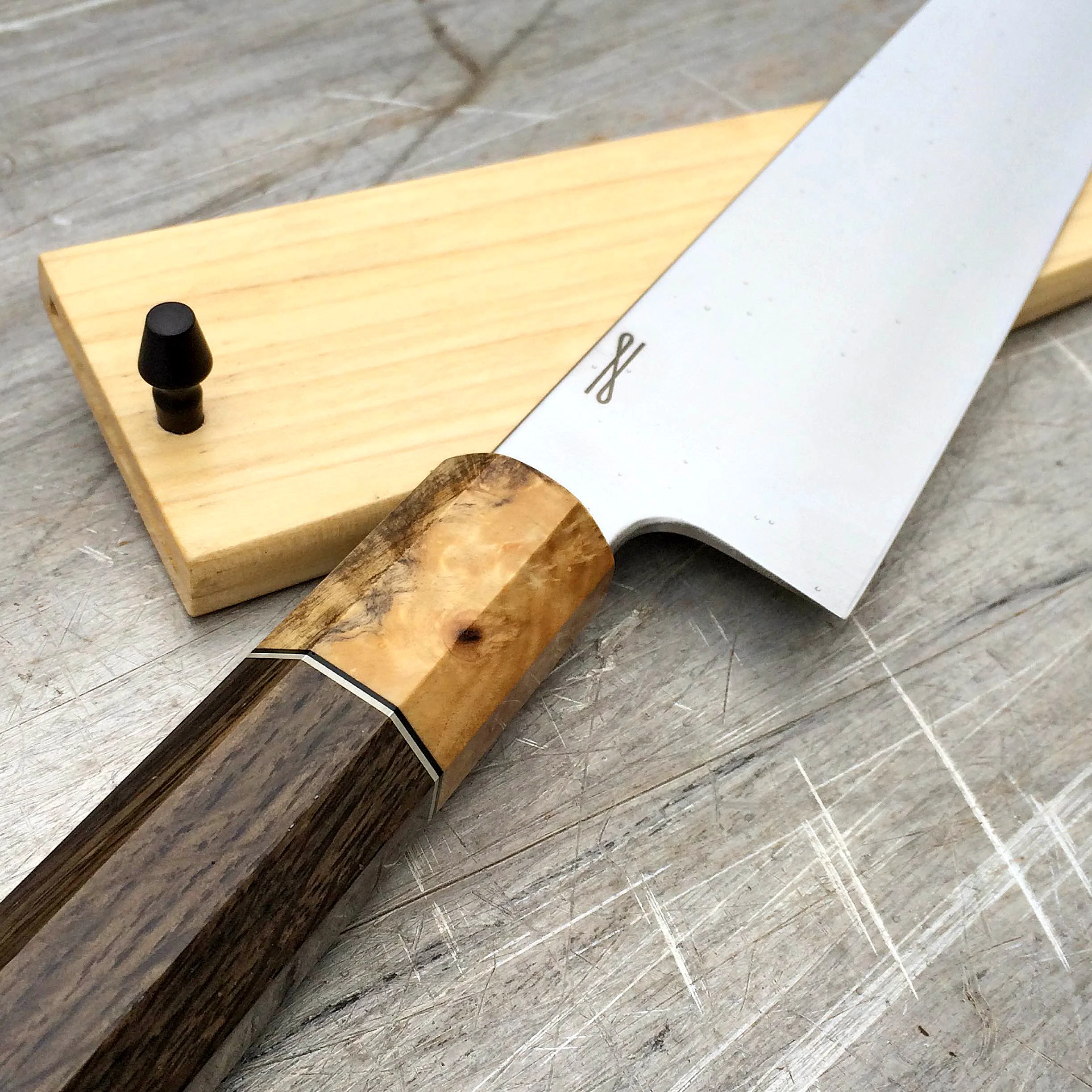 Detail of 8" K-tip gyuto, octagon handle and saya.
