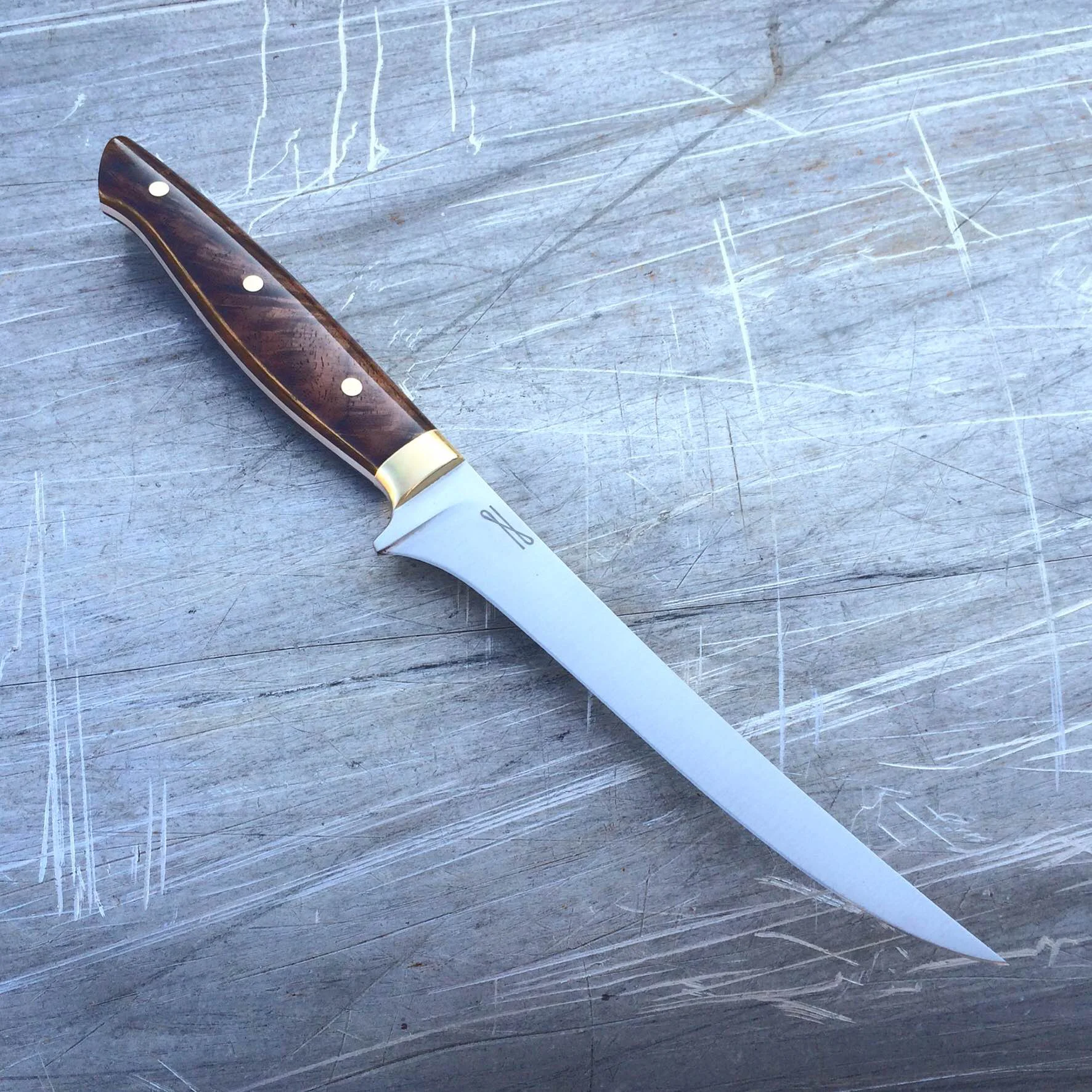 6" Boning Knife, sleeker profile, 52100, curly walnut, brass.