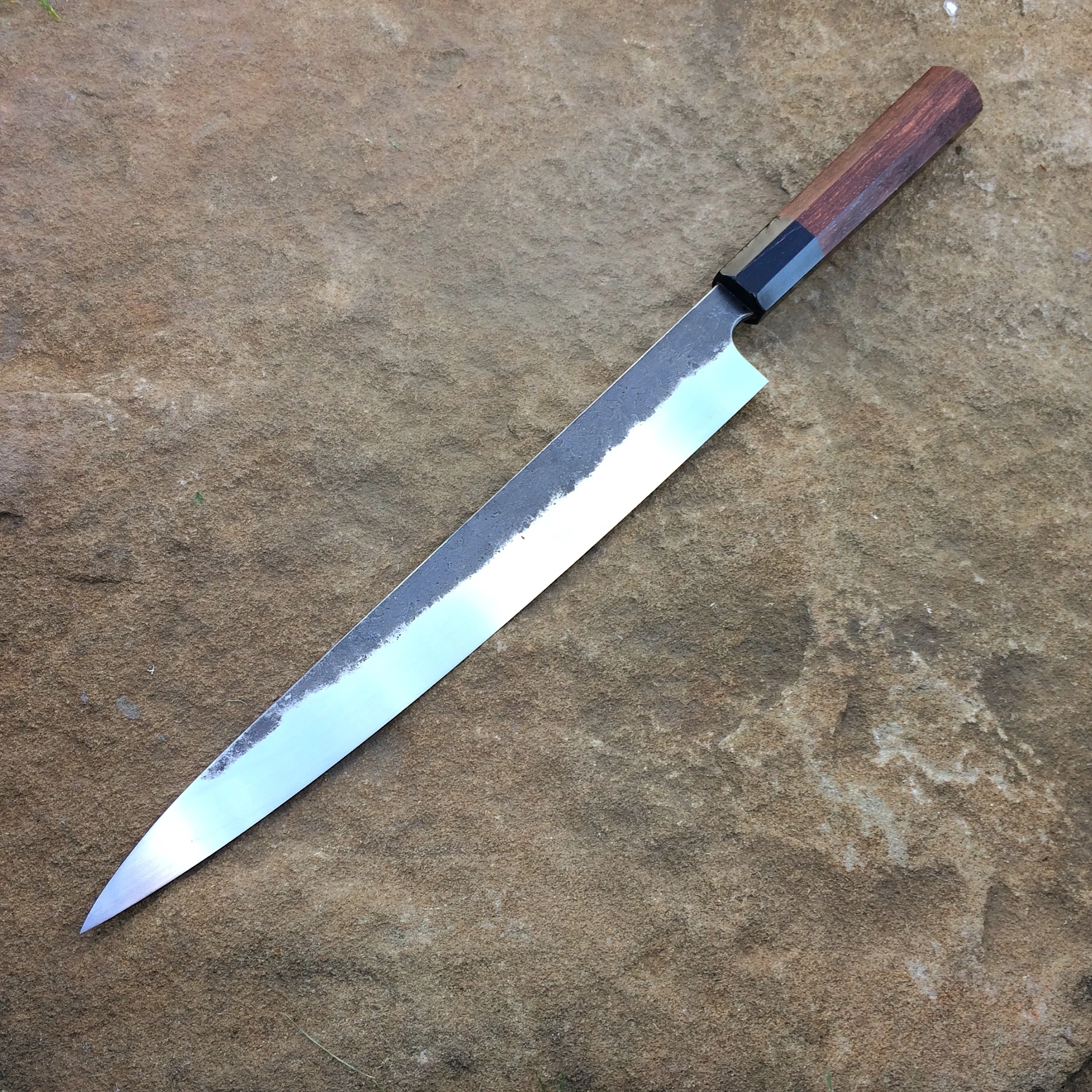 11" Sujihiki. 52100 steel, stabilized Bubinga and horn ocatagon handle. 